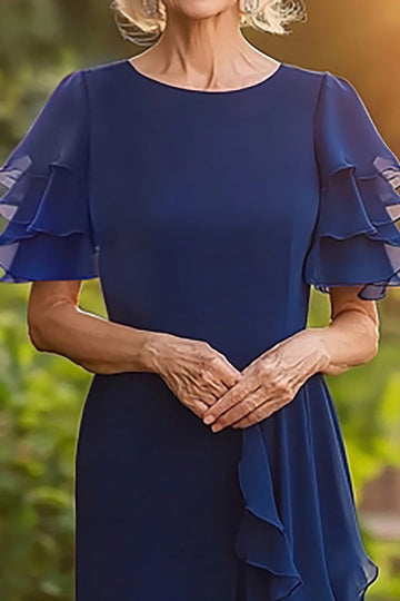 Granatowa Scoop Scoop Krótkie Rękawy Szyfon Długa Sukienka Dla Matki Panny Młodej